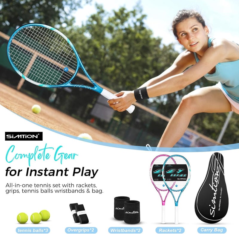 SIMTION 27 Inch Tennis Rackets Set, 2 Player Pre-StrungTennis Racquets for Adults, 2 Overgrip Tapes, 3 Balls, 2 Wristbands and Carrying Bag, for Beginner and Professional - Image 2